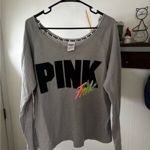 Gray Long Sleeve Shirt with Pink Logo